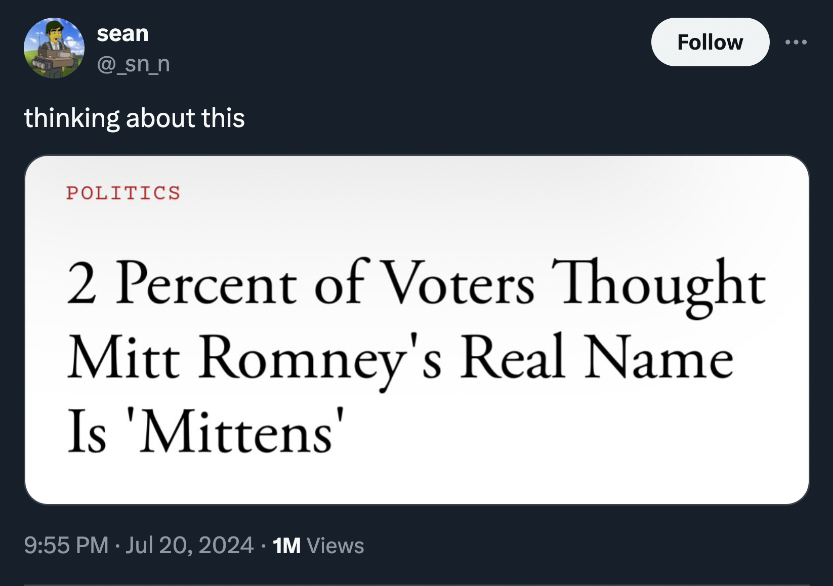 screenshot - sean thinking about this Politics 2 Percent of Voters Thought Mitt Romney's Real Name Is 'Mittens' 1M Views